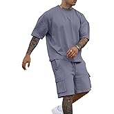 YawYews Men's 2 Piece Outfits Casual Tracksuit Cargo Shorts Summer Athletic Drop Shoulder Sleeve Sportwear Set