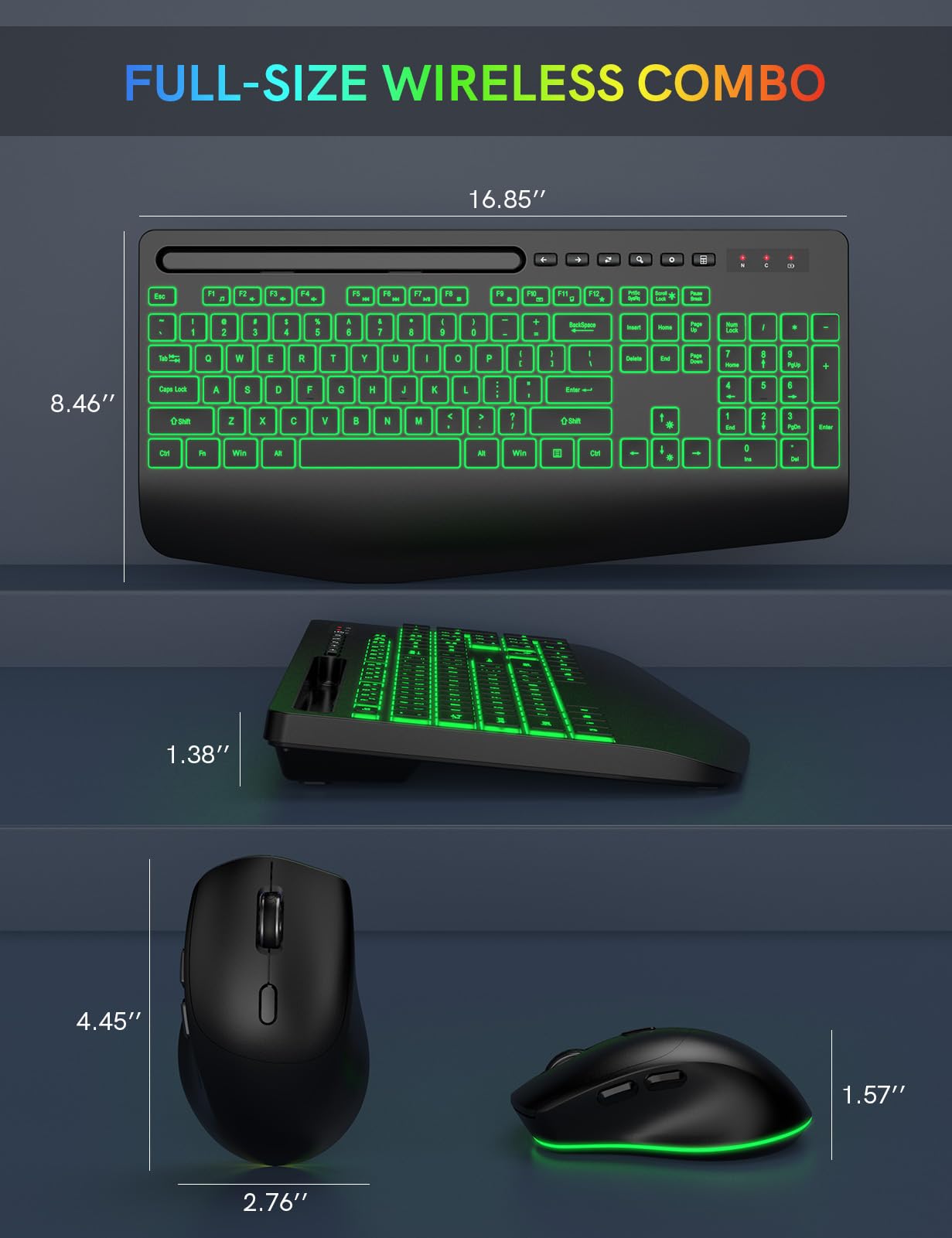 Wireless Keyboard and Mouse Combo- 7-Color Backlit, Wrist Rest, Rechargeable, Silent Light-Up Keys, RGB Mouse, Ergonomic Full Size Keyboard with Phone Holder for Windows, Mac, PC, Laptop - Trueque