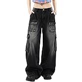 Hugboom Baggy Cargo Pants for Women Girls Wide Leg Jeans Y2k Hip Hop Streetwear Low Rise Oversized Jeans Grunge Clothes Blue