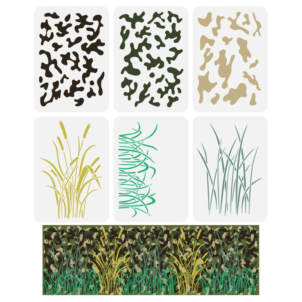 FINGERINSPIRE 6 Pcs Camo Painting Stencils 29.7x21cm Reusable 6 Styles Camouflage Drawing Template Duck Boat Camo Grass Stencil Camo Theme Decor Stencil for Painting on Wood Wall Fabric Furniture