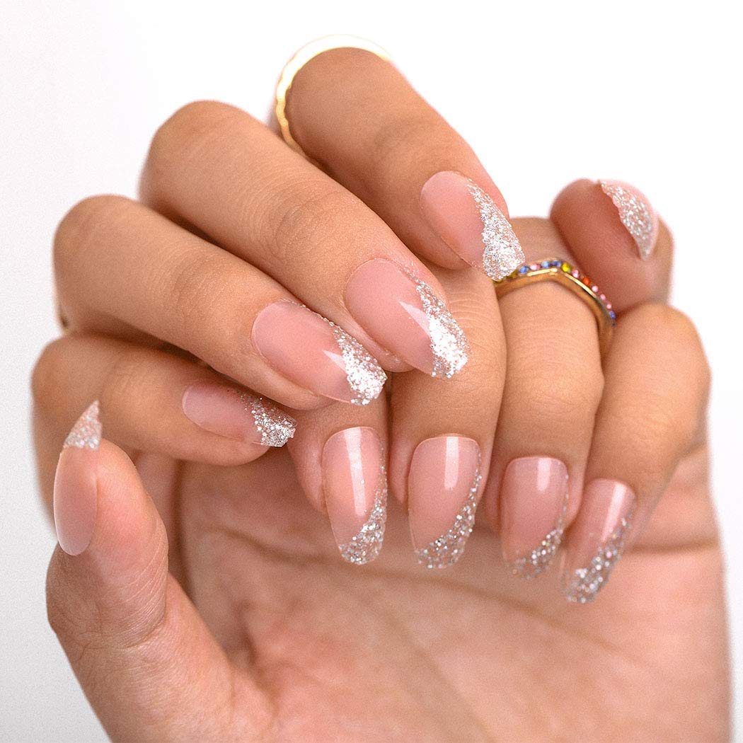 Sethexy Glossy Ballerina False Nail Meidum Glitter Bling Coffin Pink Fake Nails 24Pcs French Acrylic Art Press on Nail Tips for Women and Girls