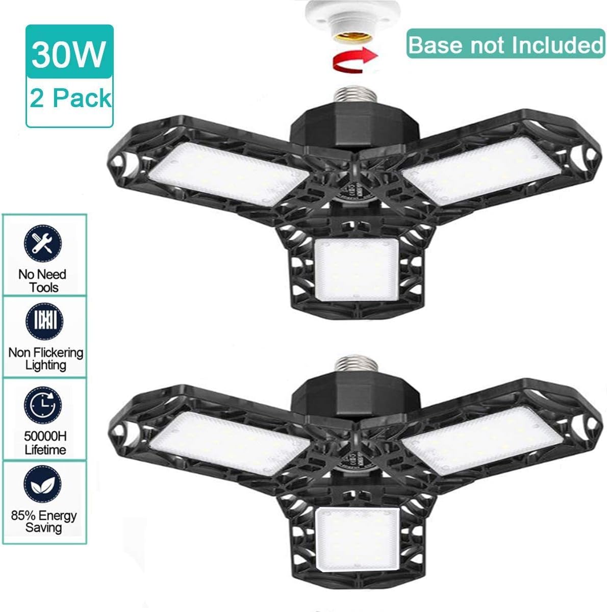 LED Garage Light 2 Pack 30W (Energy Saving) E26 Screw in 3000LM Deformable LED Garage Ceiling Lights 6000K Daylight White，LED Basement Lights for Garage Warehouse Workshop Shop (30W/2PACK)