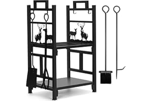 INNO STAGE Firewood Rack Fireplce Firepit Tools Set Double Layer Iron Wood Log Holder for Fire Place Outdoor Indoor Accessories-Brush, Shovel, Tong, Hook