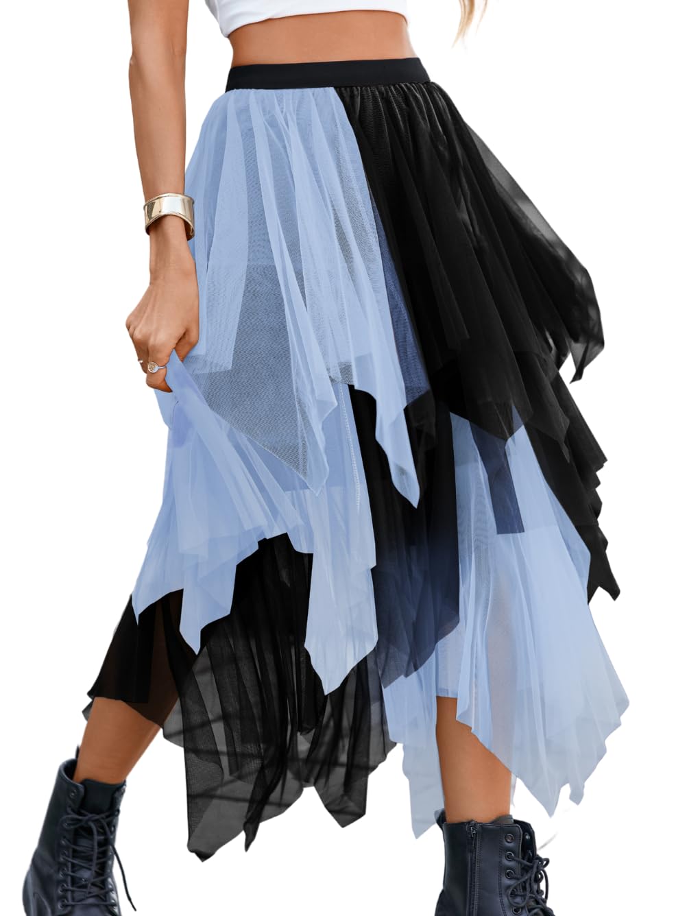 Photo 1 of Kaei&Shi Asymmetrical Tulle Skirt,High Low Layered Skirts for Women Midi Length,Renaissance Fairy Costume Adult Blue Black