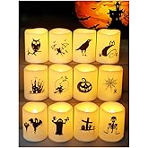 HOME MOST Set of 12 Halloween Votive Candles Battery Operated (White Body, Warm White Flicker) - Flameless Unscented Candles with Halloween Decals - LED Flickering Flameless Votive Candle