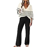 ETCYY NEW Womens 2 Piece Outfits Sweater Lounge Set Casual V Neck Knit Pajama Set Long Sleeve Top Wide Leg Pants Loungewear