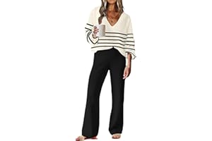 ETCYY NEW Womens 2 Piece Outfits Sweater Lounge Set Casual V Neck Knit Pajama Set Long Sleeve Top Wide Leg Pants Loungewear