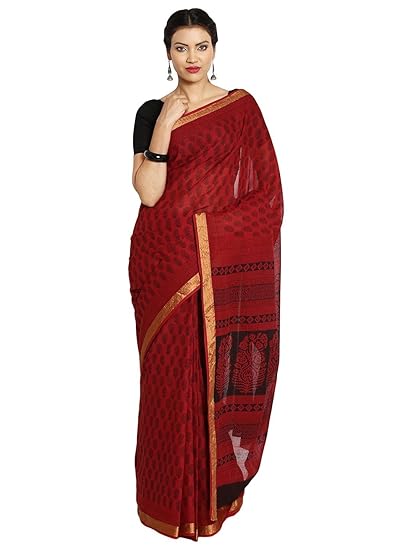 Finest Quality Cotton - Handmade Red base Saree and Black Booti with Zari Border - Bagh Block Print Saree with Blouse Piece