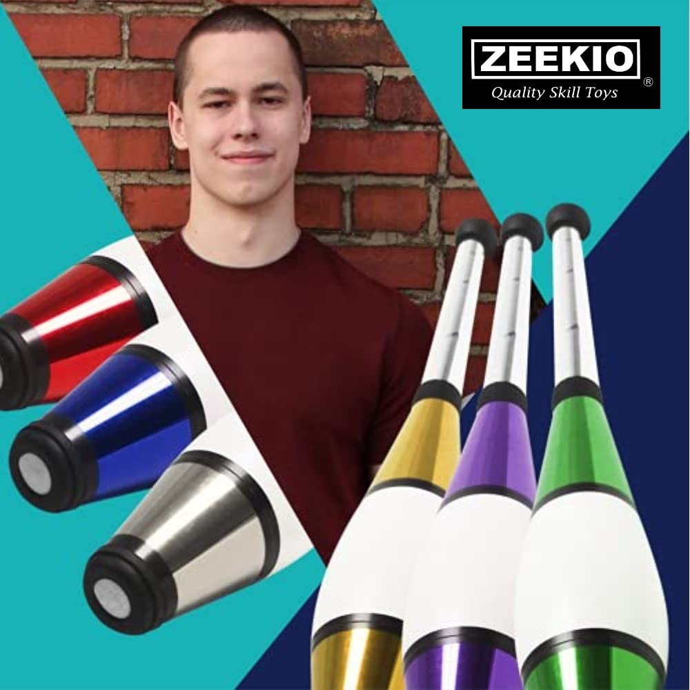 Zeekio - Pegasus Juggling Club Set - Premium Quality - for Beginners, All Levels - Multi-Piece Durable Design - Scuff Resistant - Rubber Knob & Cap - 20.5”L - Set of 3 - Blue, Red & Silver