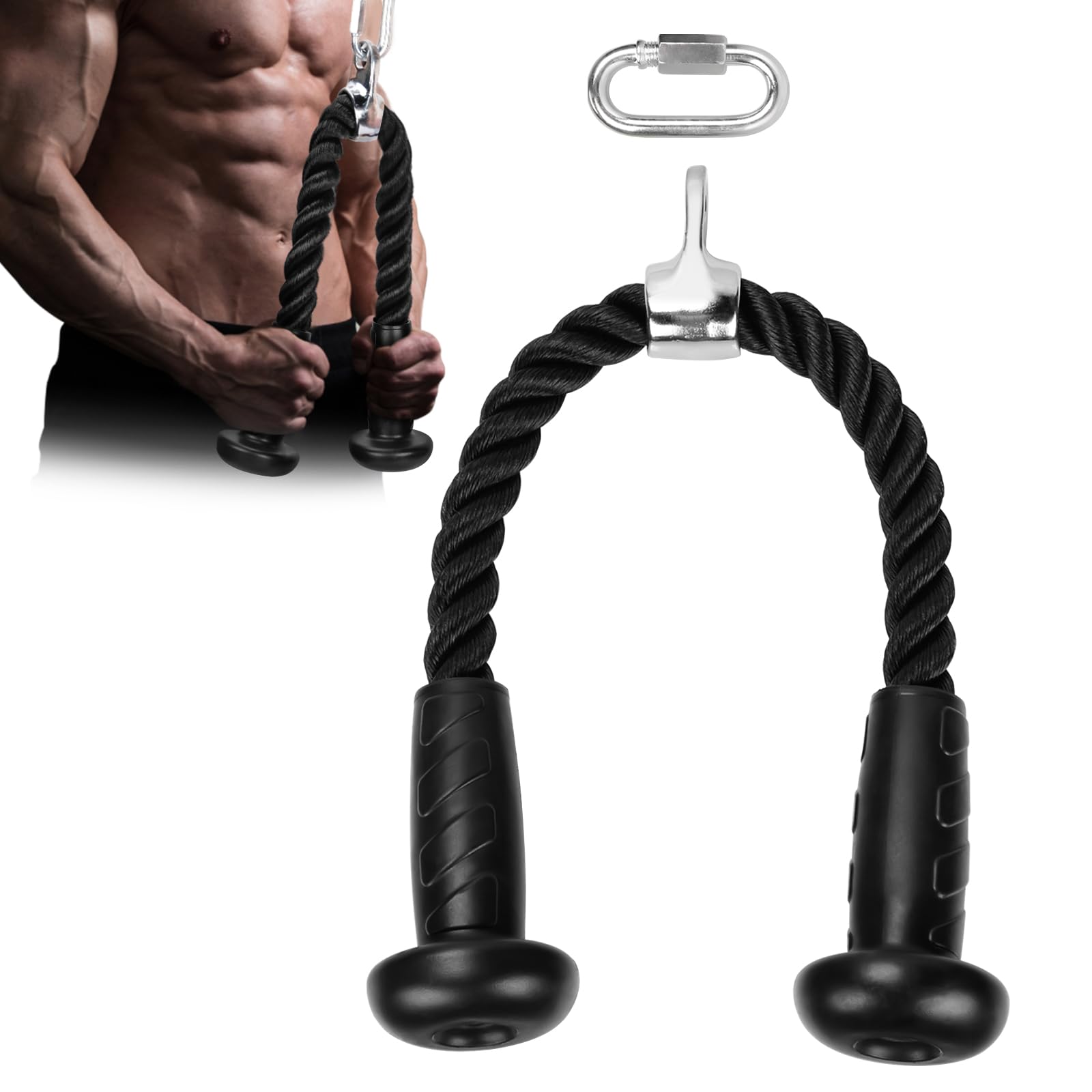 Boosteady Ergonomic Tricep Rope Cable Attachment with Anti-Slippery Rubber Grip,Tricep Pull Down Attachment -Reduces Wrist Pressure and Skin Rubs,Tricep Pull Down Rope for Gym&Home Gym with Carabiner