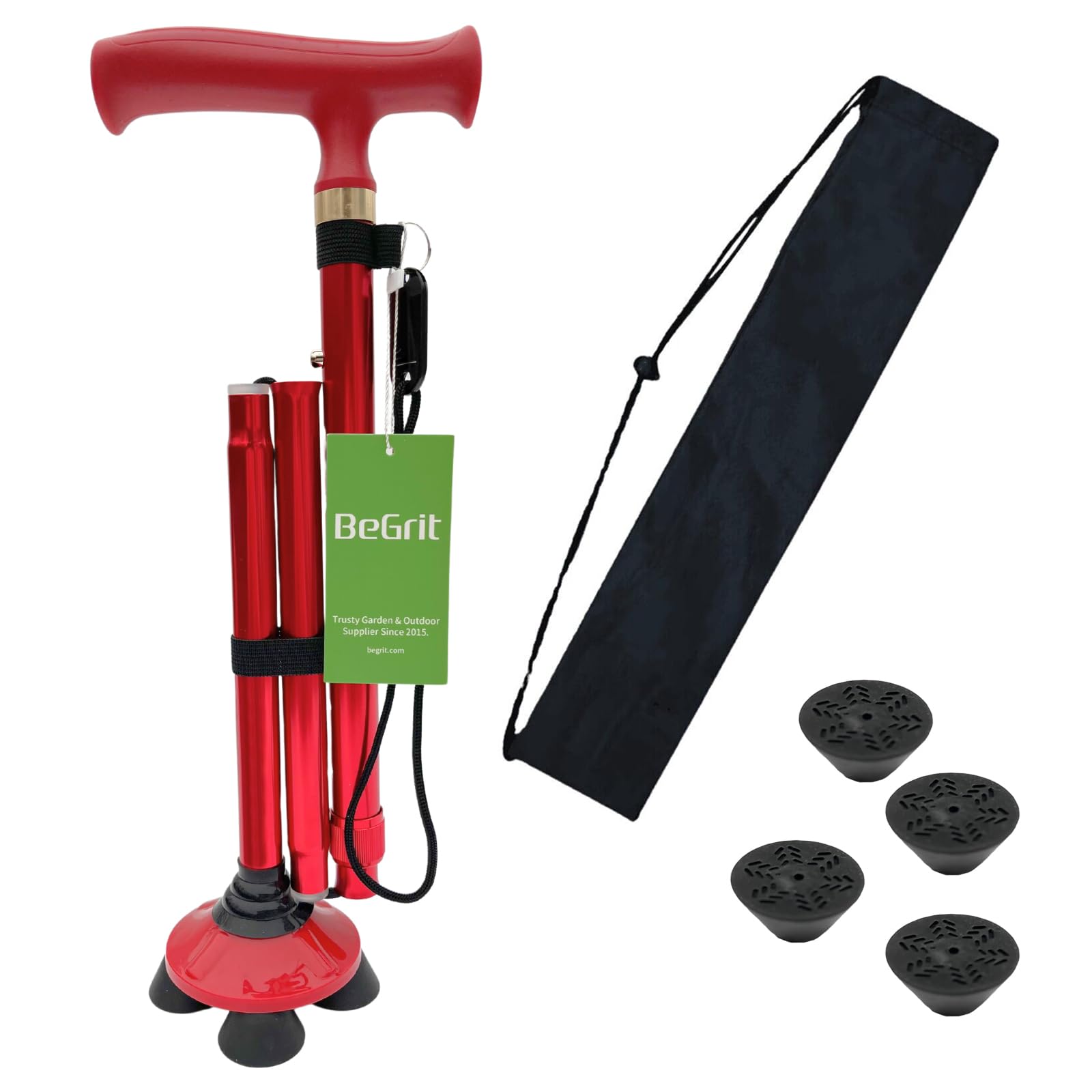 BeGrit Walking Stick for Elderly Foldable Walking Stick Durable Aluminum Adjustable Walking Cane with Quad Base Ergonomic Grip Free Standing Collapsible Walking Aid Red for Women Men Ladies