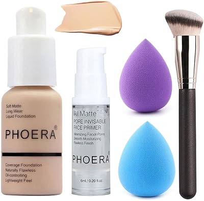 HQDA 5PCS Liquid Foundation Set Matte Full Coverage with Primer Brush Sponge