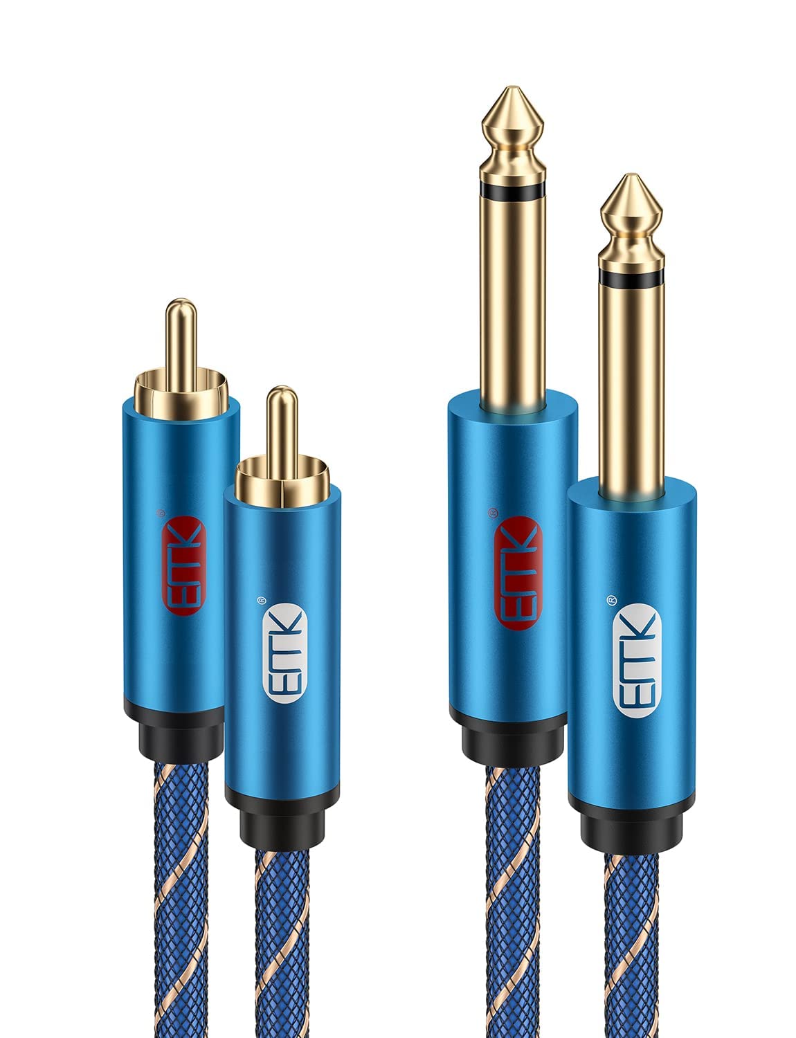 EMK Mono 6.35 mm1/4 to 2RCA Cable, Dual 1/4 Inch TS to Dual RCA Connection Cable Gold Plated Nylon Braided Stereo Audio Lead for Amplifier, Soundbar, DVD, TV, Speaker (3m)