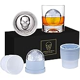 Skull Whiskey Rocks Glass, Set of 4 (2 Crystal Bourbon Glasses, 2 Big Ice Ball Molds) In Gift Box - 10 Oz Old Fashioned Glasses for Scotch Cocktail Rum Cognac Vodka Liquor, Unique Gifts for Men