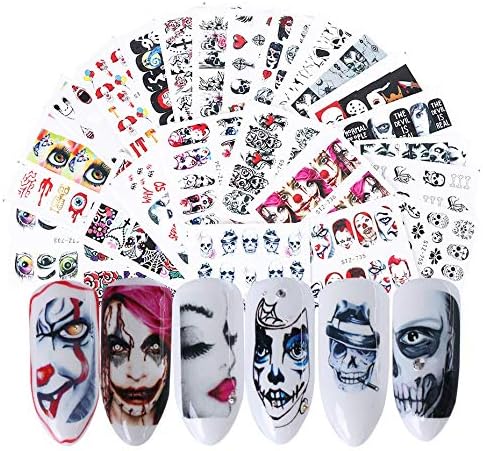 Valuu Halloween Pattern Nail Art Stickers Water Transfer Nail Decals Halloween Manicure Tips,24 Sheets Nail Tips Charms Applique DIY Toenails Nail Art Decorations Accessories