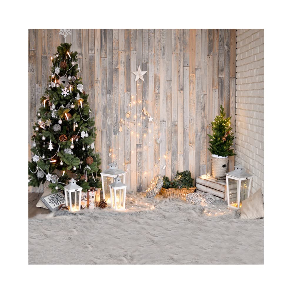 Aoihrraan 2,5x2,5m Winter Christmas Photography Backdrop Wood Wall Xmas Tree Vintage Lantern Glitter Lights Interior Background New Year Family Party Holiday Festival Portrait Photo Studio Props