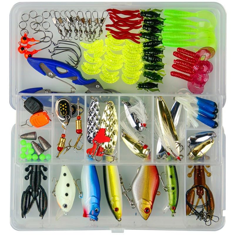 120PCS Fishing Lures Accessories Set with Storage Box, Including Spinners, Worm, Spoons, Hard Lure, Sinking Lures, Treble Hooks ect