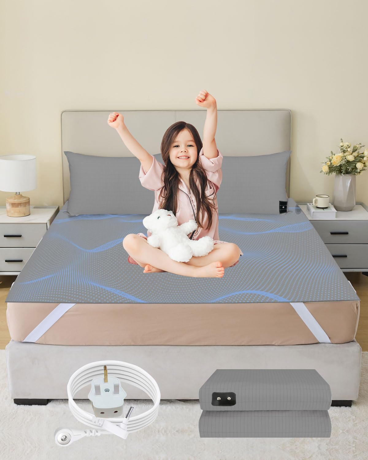 HUNAIGEE Grounding Sheet Earthing UK Conductive Bed Sheet Silver Fiber Mat 198x203cm Grey Organic Cotton Sleep Therapy Natural Wellness