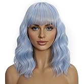 Light Blue Wigs with Bangs for Women 14 Inch Shoulder Length Blues Wigs Short Wavy Bob Wigs With Bangs Curly Wig Heat Resistant Synthetic Colorful Wavy Wigs Cosplay Wigs For Daily Party Halloween