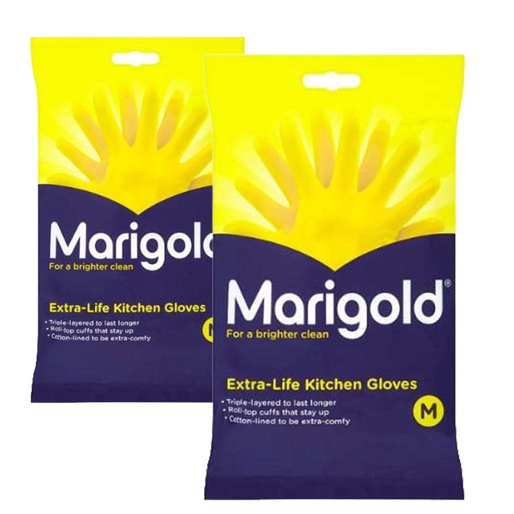Marigolds Unisex Marigold-gloves-medium Marigold Extra Life Kitchen Gloves Medium 2 Pairs, Yellow, M Pack of UK