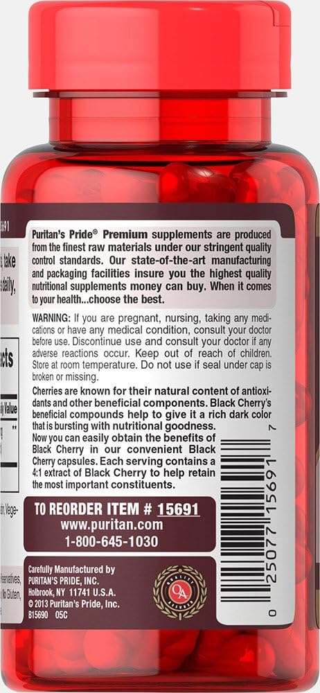 Puritans Pride Black Cherry 1000 mg Capsules, 100 Count: Health & Personal Care