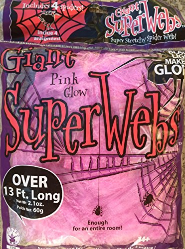 13 FEET STRETCHY - JUMBO PINK HALLOWEEN SPIDER WEBS + 4 SPIDERS GLOWS UNDER BLACK LIGHT
