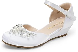 DREAM PAIRS Girls Dress Shoes Toddler Little Big Girls Heels Low Wedge Pumps with Pearls Rhinestone for Flower Girl Princess Wedding Party
