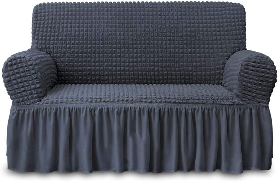 Slipcovers - NICEEC Loveseat Slipcover Dark Grey Loveseat Cover 1 Piece Easy Fitted Sofa Couch Cover Universal High Stretch Durable Furniture Protector Love Seat with Skirt Country Style (2 Seater Dark Gray)