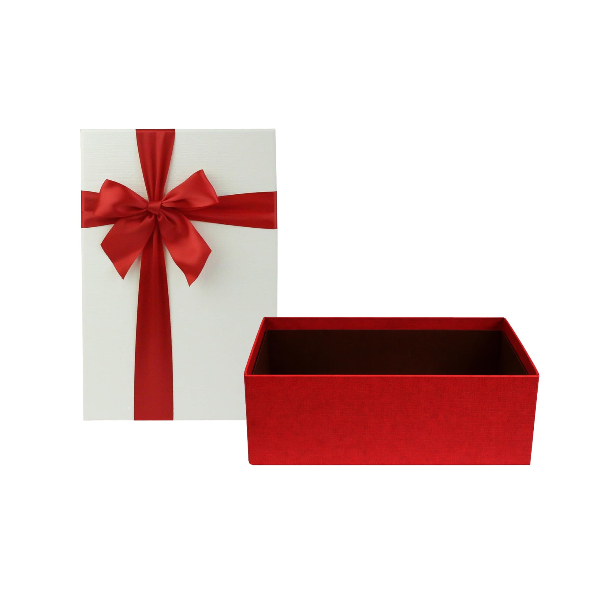 Emartbuy Cream Paper + Red/Cream Rigid Gift Box with Ribbon – 25 x 16 x 11 cm – Luxury Cardboard Presentation Box|Premium Packaging for Hampers, Birthdays, Weddings, Corporate Gifting