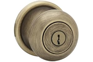 Kwikset Juno Entry Door Knob with Lock and Key, Secure Keyed Handle Exterior, Front Entrance and Bedroom, Antique Brass, Pick Resistant SmartKey Rekey Security and Microban