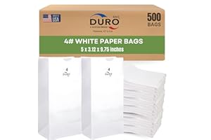 Duro 4# White Paper Bags 500-Count, White Sandwich Paper Bags, Candy, Snacks, Treats, Popcorn Bags & Bulk Disposable Lunch Sacks - 5.00 x3.12 x 9.75 Inches