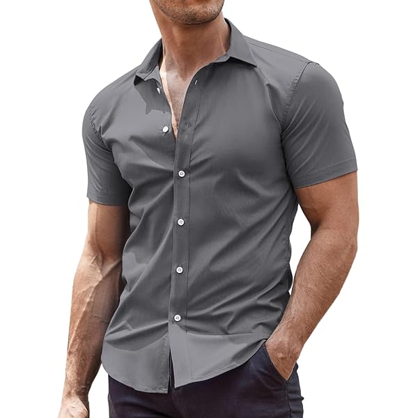 Amazon.com: Men's Muscle Fit Dress Shirts Short Sleeve Athletic Fit Solid  Button Down Shirts,Black,M : Clothing, Shoes & Jewelry