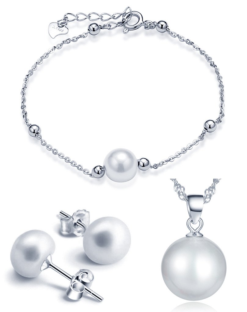 Yumilok Jewelry 925 Sterling Silver Classic Pearls Necklace Bracelets Earring Stud Jewelry Set for Women/Girls