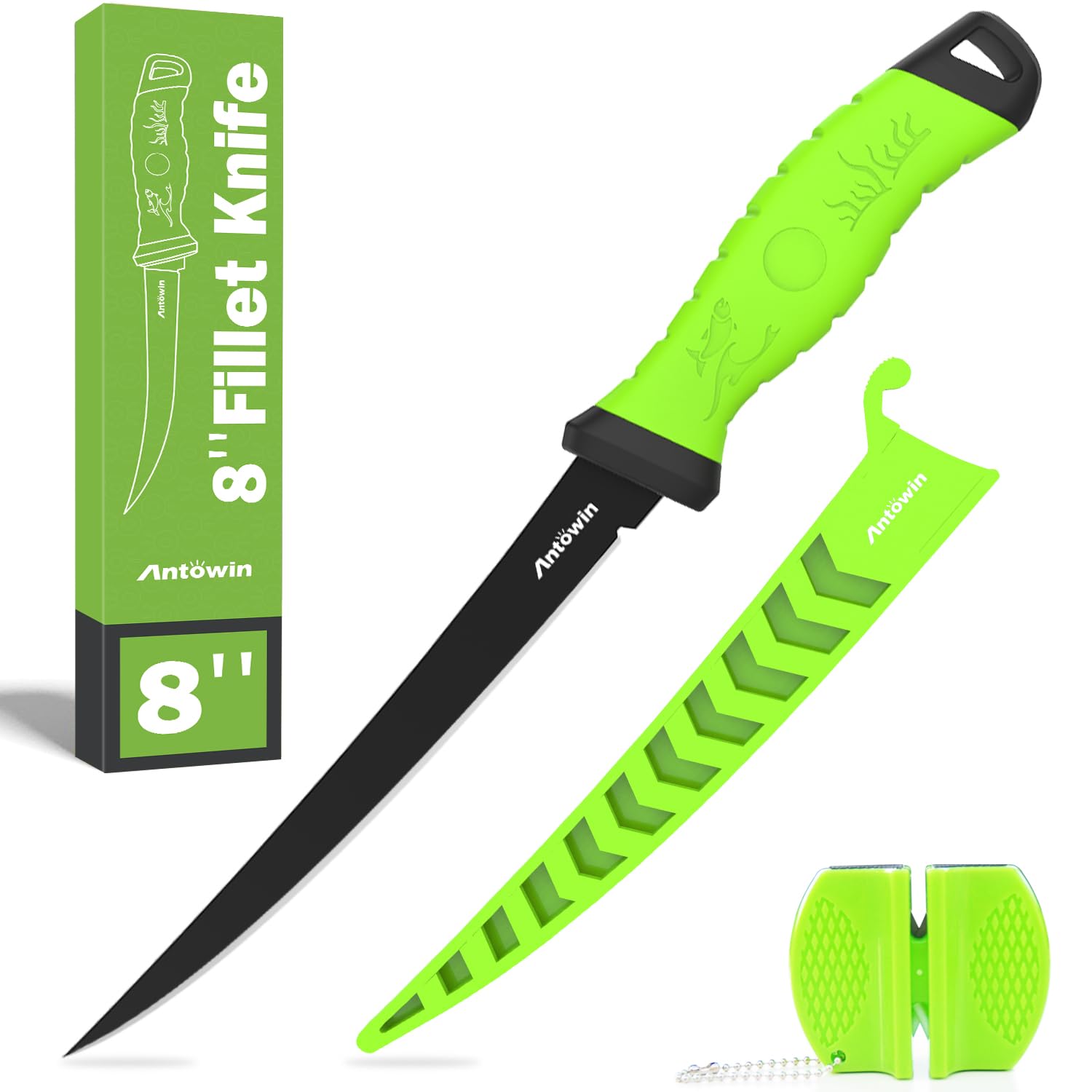 Photo 1 of ANTOWIN 8 Inch Fishing Fillet Knife, Professional Level Knives for Filleting Fish and Boning Meat, Sharp Stainless-Steel Non-Stick Coating Blade, Non-Slip Handles, with 1 Two Stage Knife Sharpener