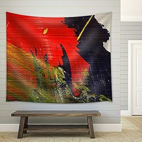 Stroke of a Brush with Green, Yellow,White, Blue and Red Acrylic Paint on a Dusty Old Metal Fence - Fabric Wall Tapestry Home Decor - 51x60 inches
