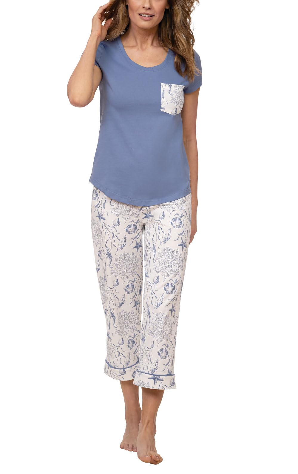 PajamaGram PJs For Women - Cotton Pajamas, Blue Seashells, MD Image