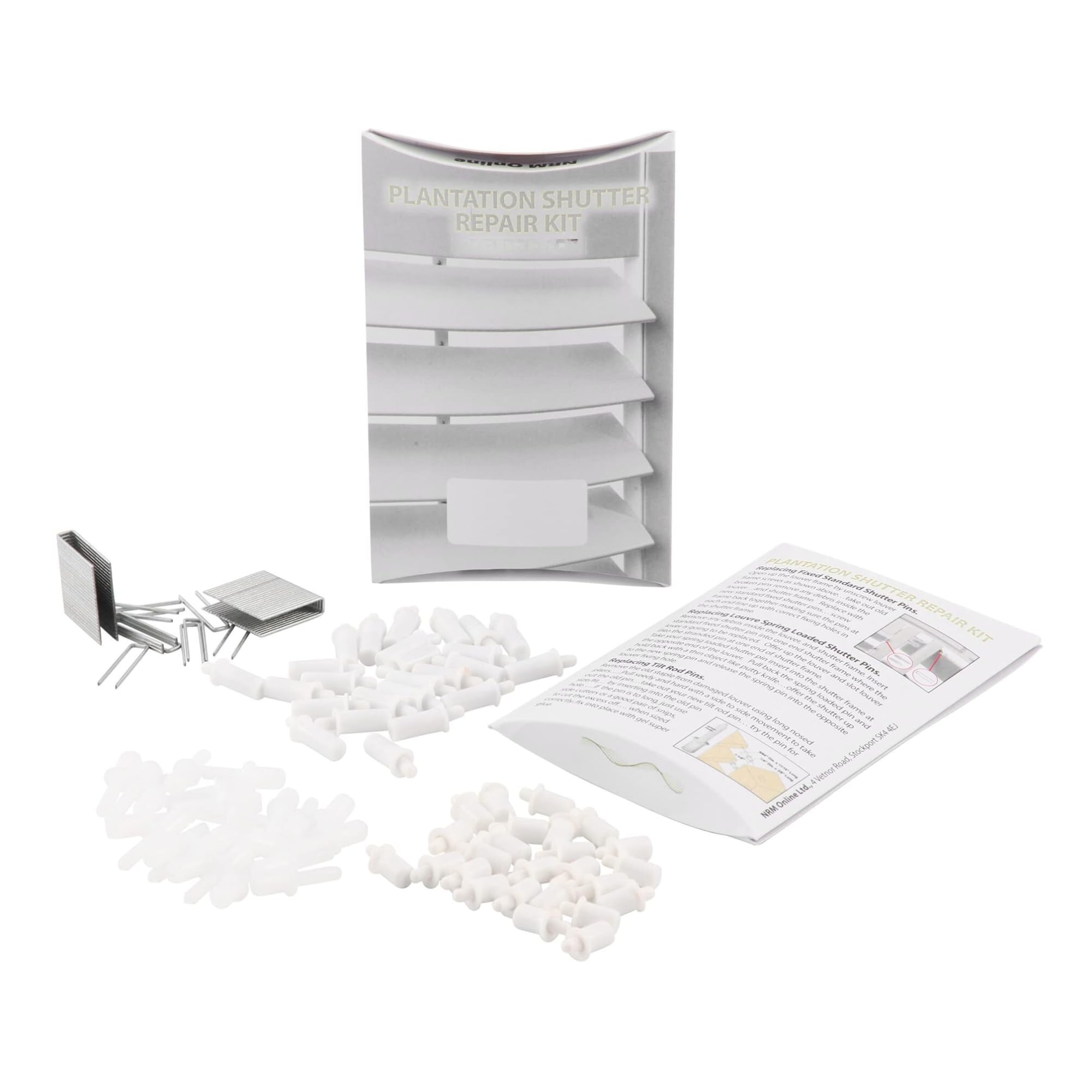 NRM online Plantation Shutter Repair Kit (80 Pieces) – Louver Repair Pins & Tilt Rod Staples – Spring Loaded & Standard Fixing Pins for Plantation Shutters