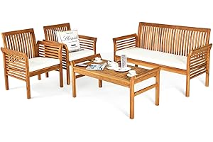 Tangkula 4 Piece Outdoor Acacia Wood Sofa Set with Water Resistant Cushions, Padded Patio Conversation Table Chair Set w/Coffee Table for Garden, Backyard, Poolside (1)