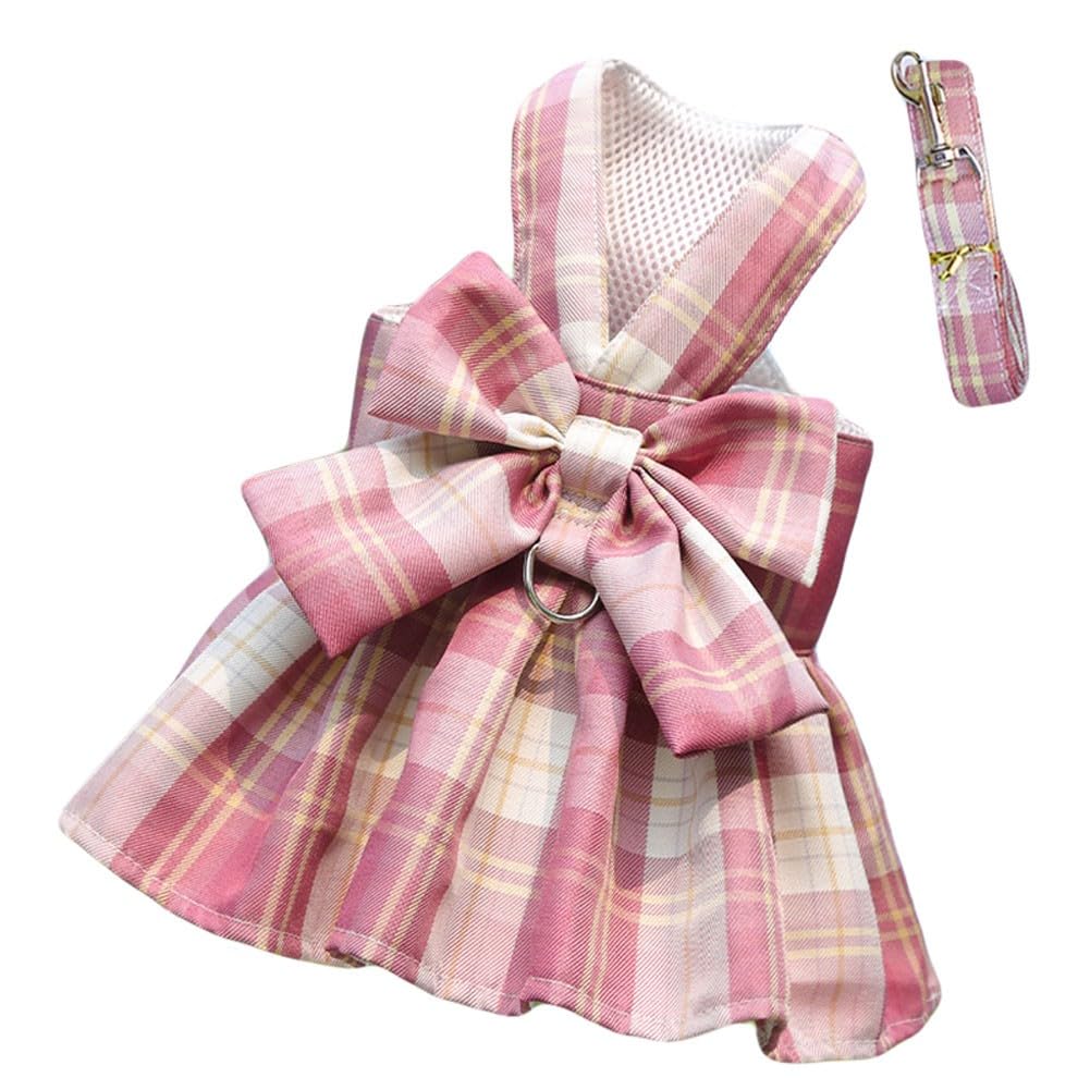 Oyccen Dog Plaid Harness and Leash Set Cat Bow Tie Princess Dress Harness Pet Clothes for Small Dogs Cats Puppy