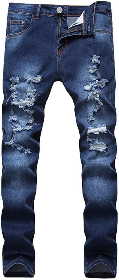 OKilr Pjik Men's Fashion Blue Washed Skinny Distressed Destroyed Ripped Slim Denim Jeans 40