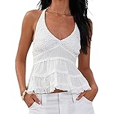 Women Y2K Solid Color Halter Neck Shirt V Neck Ruched Front Lace Trim Backless Crop Tank Top Cute Ruffle Hem Vest