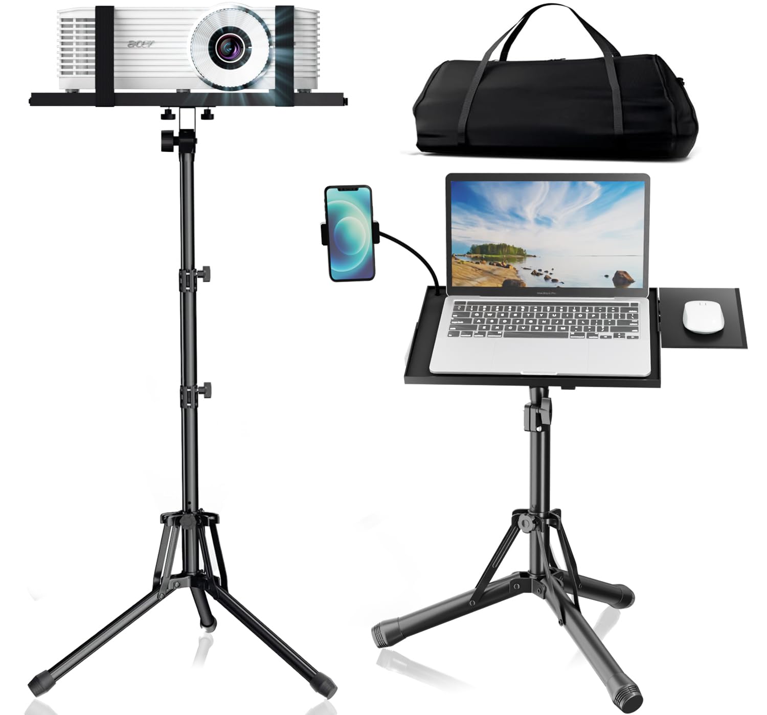 Photo 1 of Projector Stand Tripod Adjustable Height 20 to 60 Inch, Portable Laptop Tripod with Gooseneck Phone Holder ? Mouse Tray, Projector Stand Outdoor Laptop Floor Stand for Podium,Studio, DJ Racks