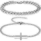 Personalized Master Stainless Steel Mens Cross Chain Bracelet, Adjustable Sturdy Silver Cuban Rolo Cable Figaro Bracelet Set for Men, 2-5Pcs
