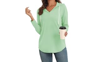 Poetsky Womens V Neck Long Short Sleeve Shirts Drawstring Hoodies Lightweight Pullover Tops