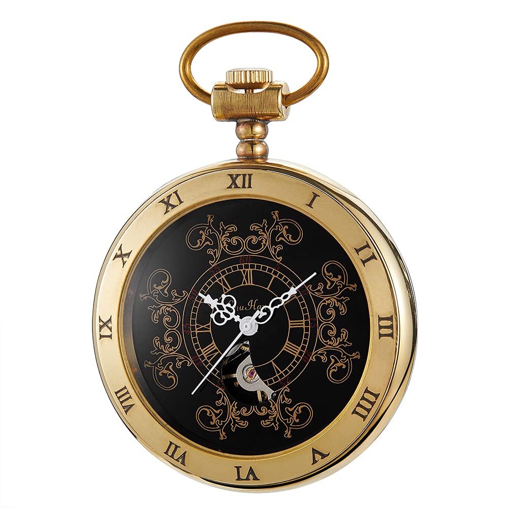 Tiong Gold Black Capless Self Winding Pocket Watch with Smooth Surface Vintage Unisex Automatic Mechanical Watch, Roman Numeral Dial Mechanical Pocket Watch with Box