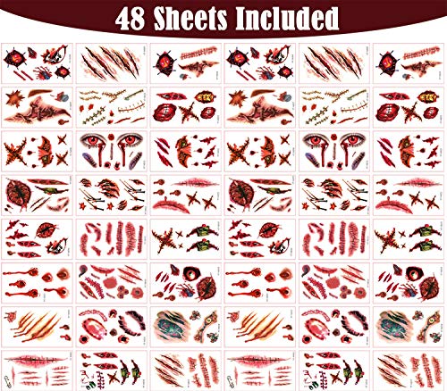 300+ Halloween Scar Temporary Tattoos - Vampire Zombie Party Supplies Decorations Bloody Cosplay Props - Realistic Fake Injury Wound for Halloween Costume Accessories(48 Sheets)
