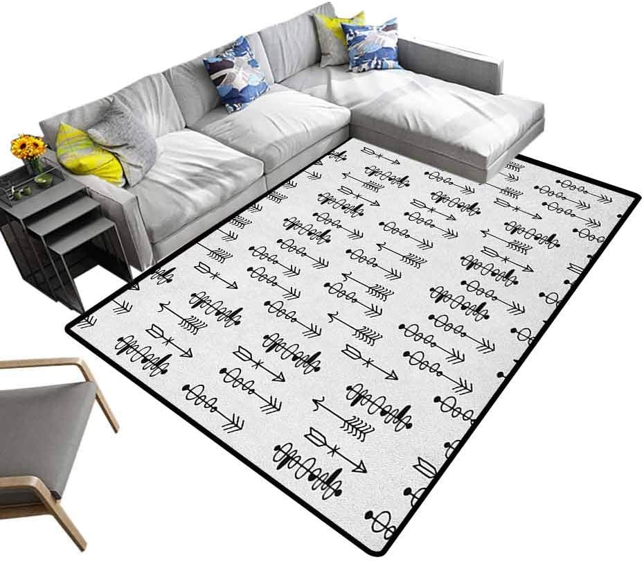 Tribal Floor Mat Hand Drawn Sketchy Image with al Inspired Shapes Arrows Print for Kitchen Rugs Black and White (4'x6')