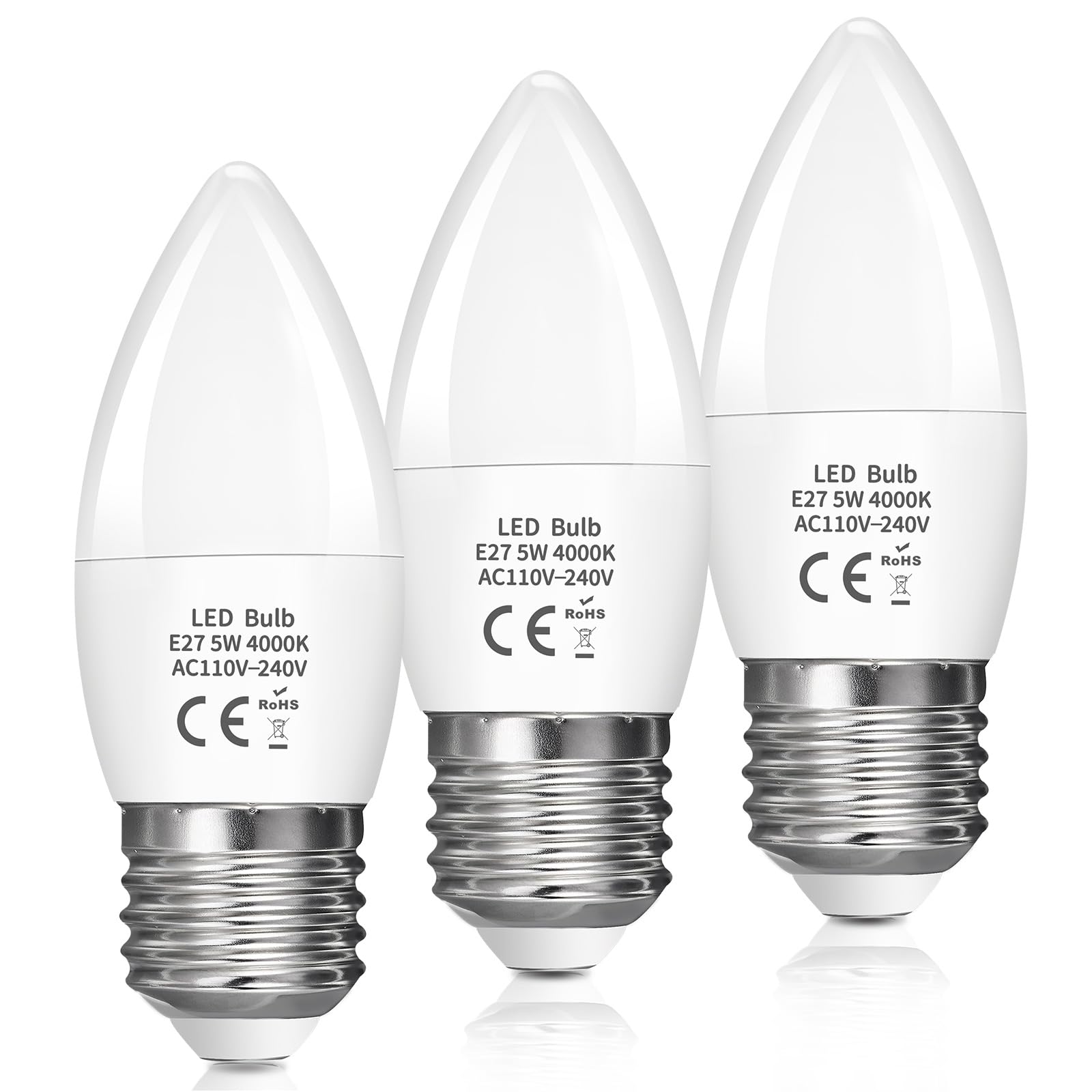 LED Candle Light Bulb E27 5W, Edison Screw E27 C37 LED Candle Bulb 40W Equivalent, 470LM 4000K Daylight Natural White, ES Energy Saving Light Bulbs, Non-Dimmable, Pack of 3