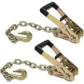Boxer 2" Ratchet Buckle with 5/16 G70 Forged Hook & Chain Extension 1.5 feet – 2Pack - Double Locking Ratchet, Breaking Strength 10,000lbs Towing Tie Down