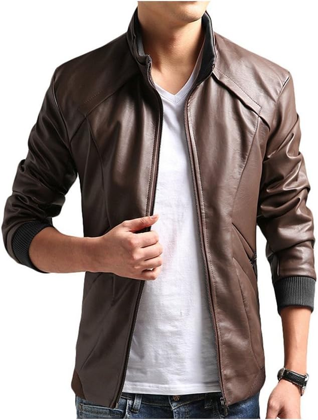 JKQA Men's Vintage Stand Collar Casual Leisure Pu Leather Jacket Gold